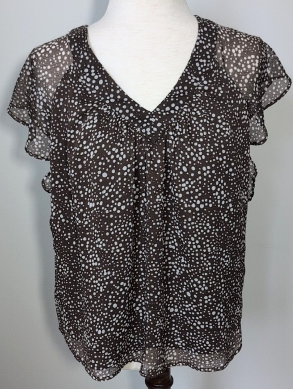 LOFT Brown and White Polka Dot V-Neck Flutter Sleeve Blouse MP